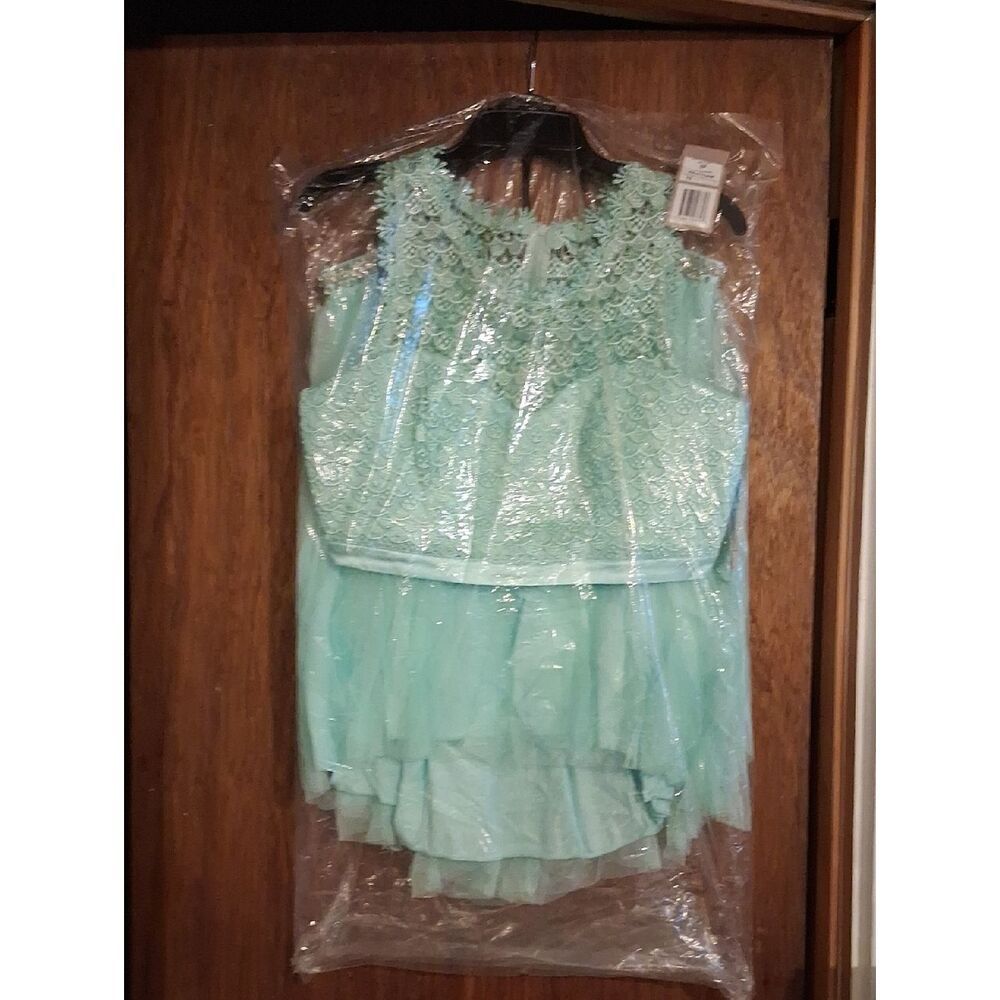 Sequin Hearts Lace Chiffon  Mint Two Piece Set. Top & Skirt Size 15 New